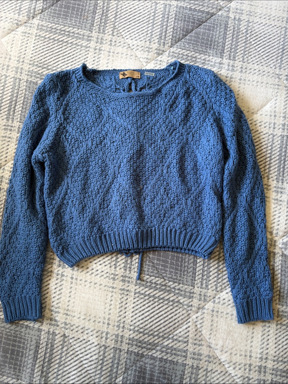 Vintage Women's Blue Textured Crewneck Sweater - Casual Knit